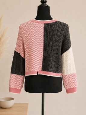 POL Colorblock Cable-Knit Crewneck Sweater in Pink, Charcoal & Cream